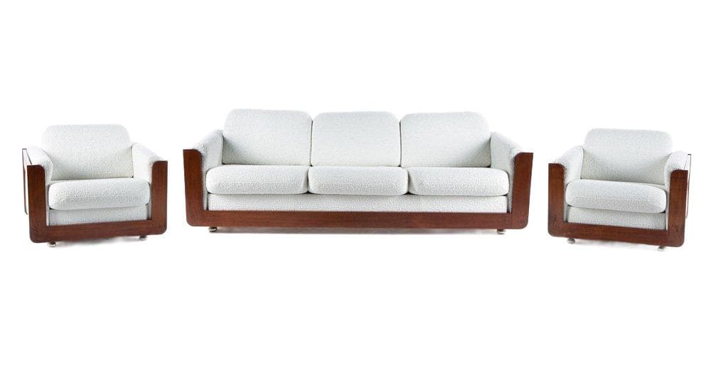 Zestaw wypoczynkowy Drevotar 3 części, biały kość słoniowa brązowy, tkanina bouclé, orzech, lata 70.