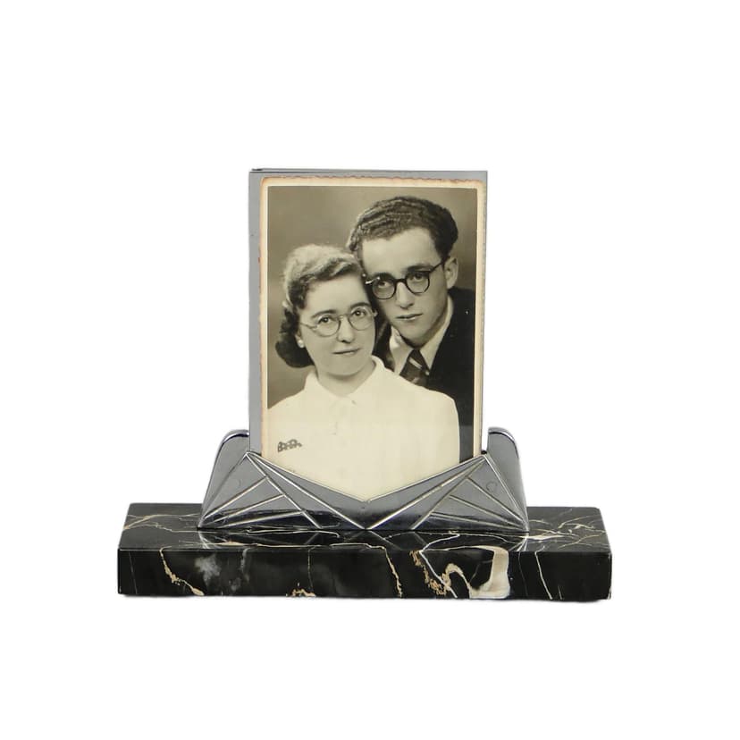 Photo frame, Art Deco, silver chromed brass, black marble, Poland, 1920s