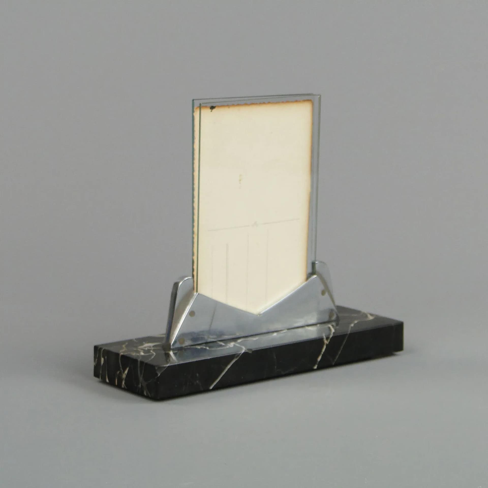 Photo frame, Art Deco, silver chromed brass, black marble, Poland, 1920s - 12787