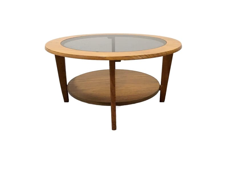 Round coffee table, brown, teak and glass