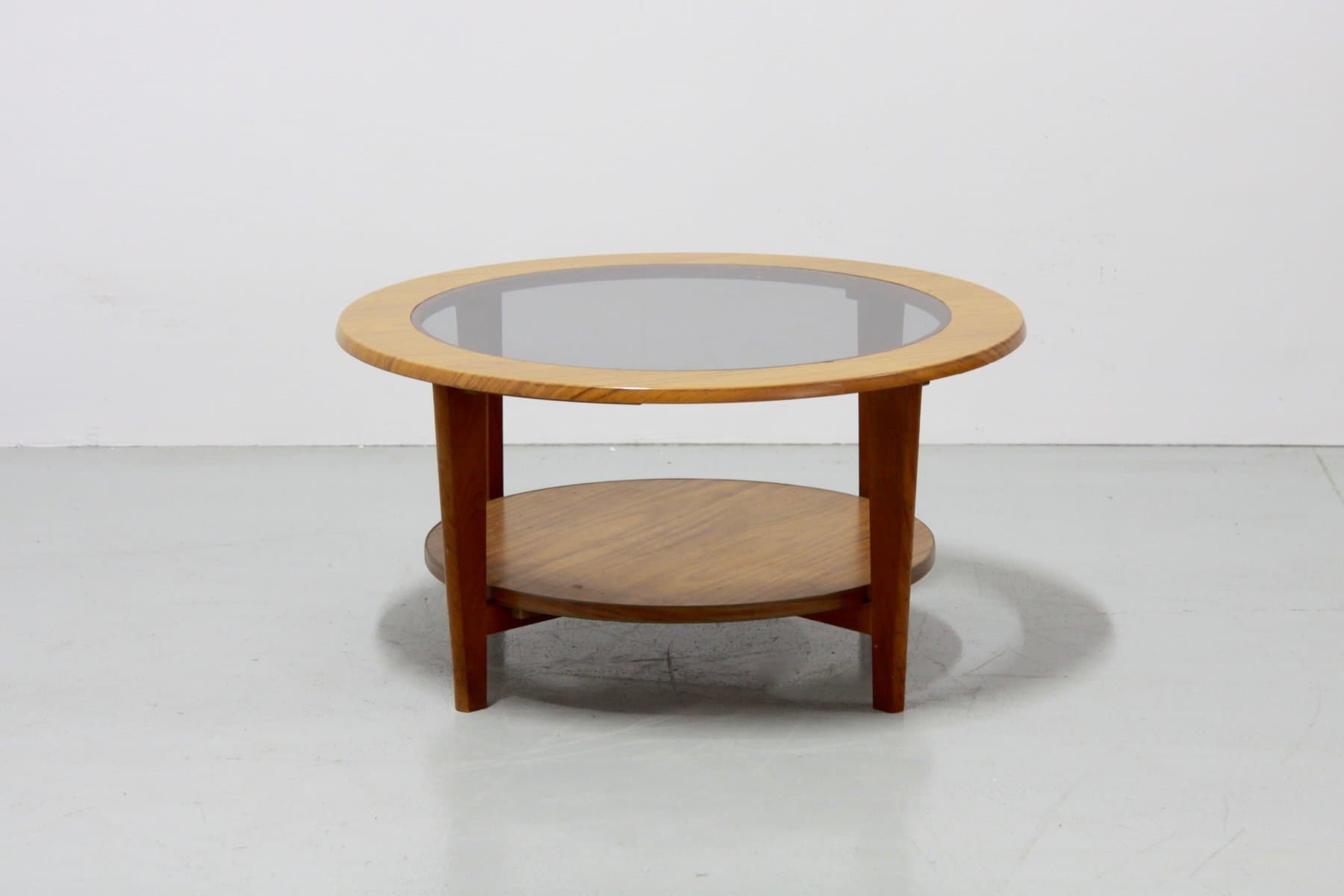 Okrągły stolik kawowy, brązowy, teak i szkło, lata 60. - 184612