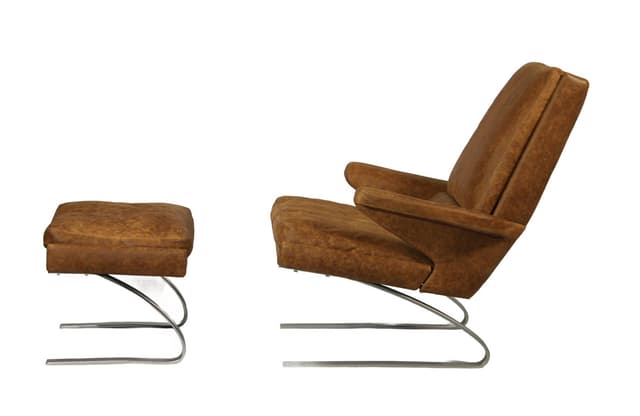 Swing lounge set – Sinus lounge chair and ottoman, brown, natural leather - DIMENSION