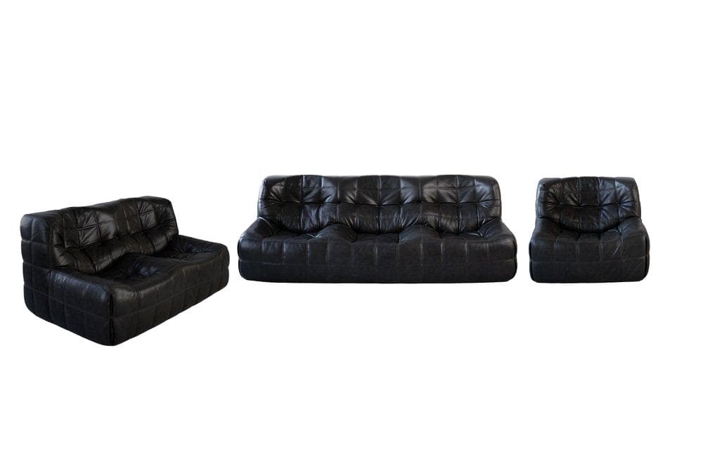 Kashima living room set 3 pieces, black, natural leather