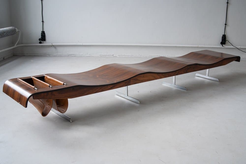 Ławka Onda z półką na gazety, brązowa, palisander, proj. J. Zalszupin, Atelier Moveis, lata 50. - 184321