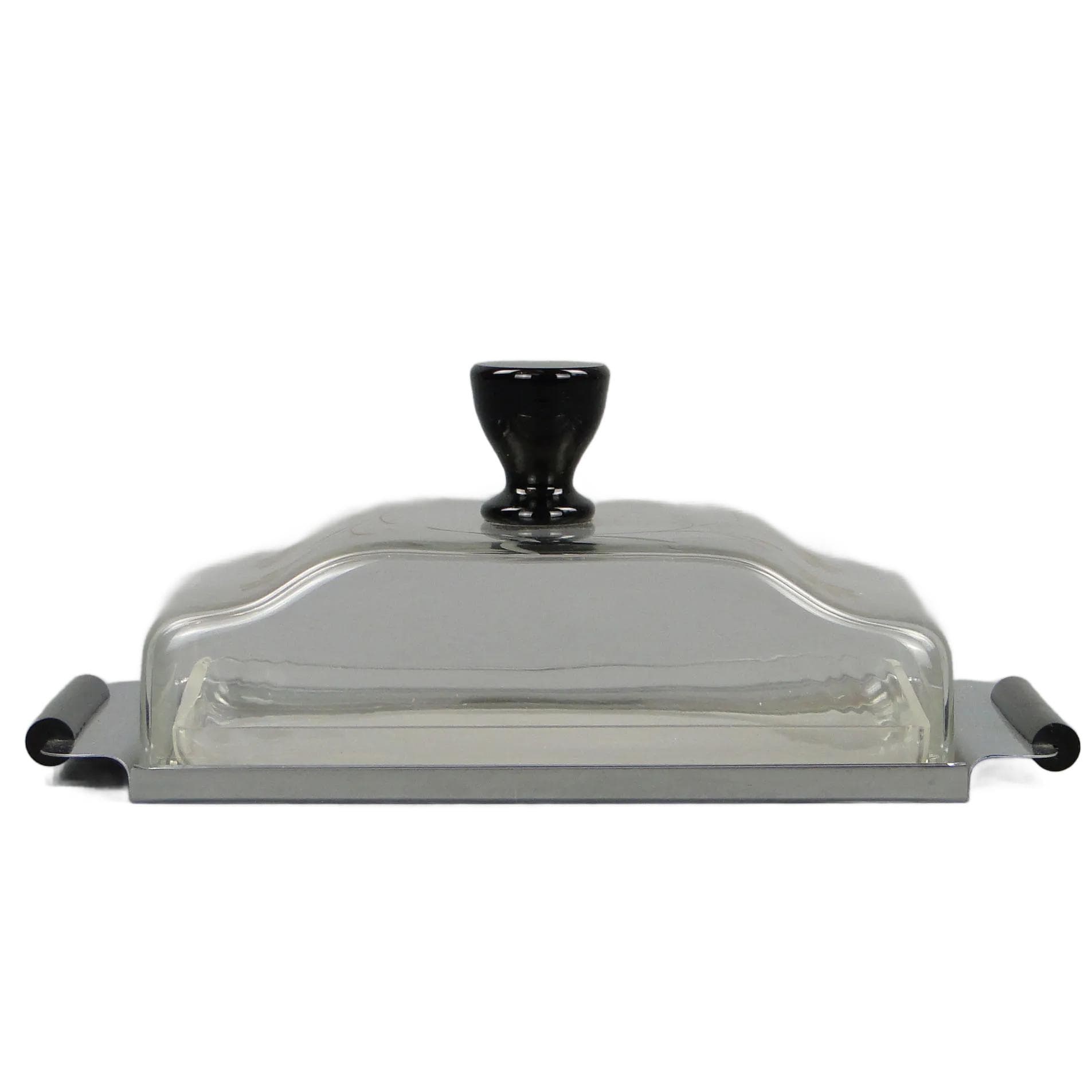 Pojemnik na ser Art déco, szkło kryształowe transparentne, bakelit czarny, metal biały, Polska, lata 30.