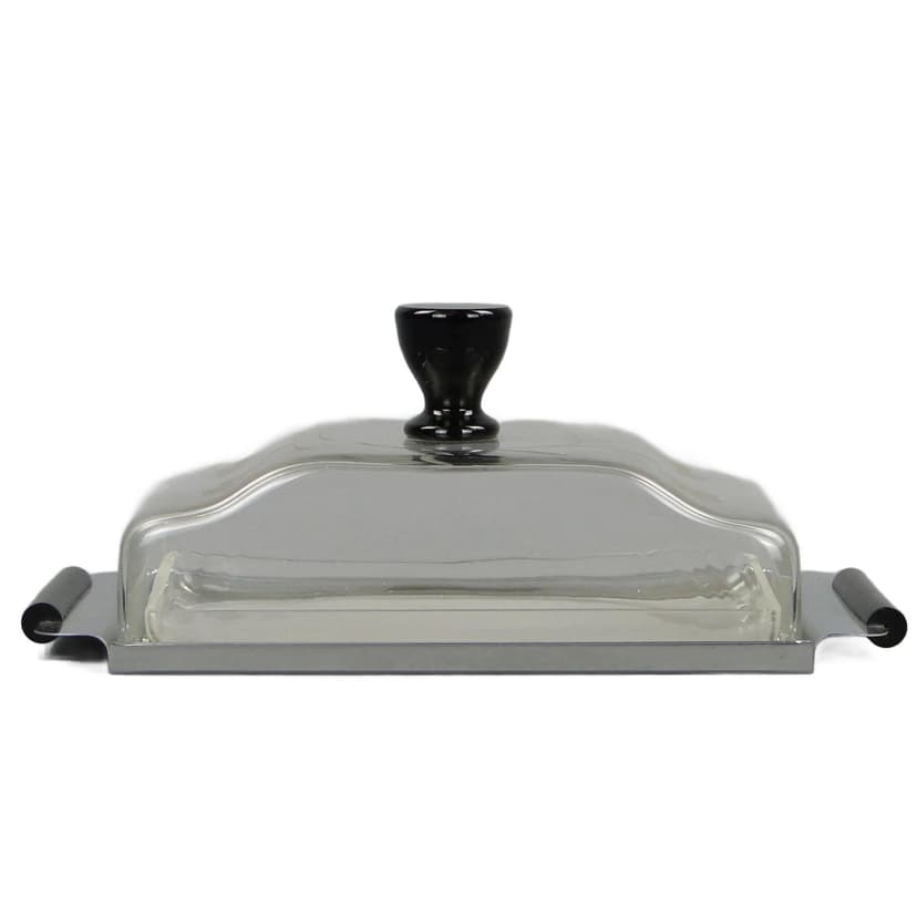 Pojemnik na ser Art déco, szkło kryształowe transparentne, bakelit czarny, metal biały, Polska, lata 30.