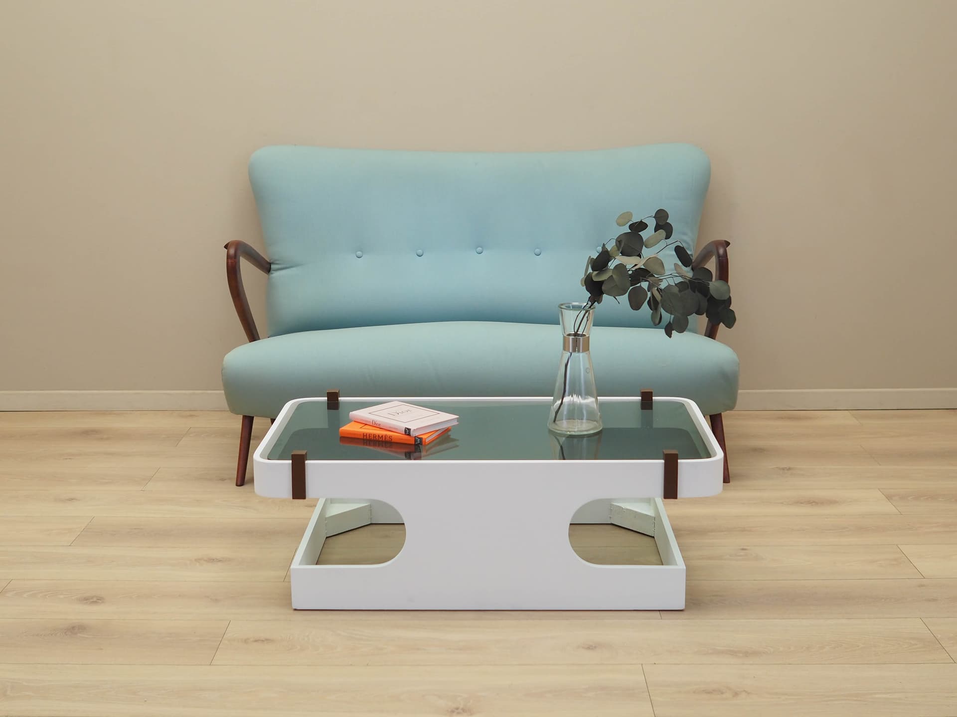 Sofa, turquoise fabric, beech, Italy, 1970s. - 184106