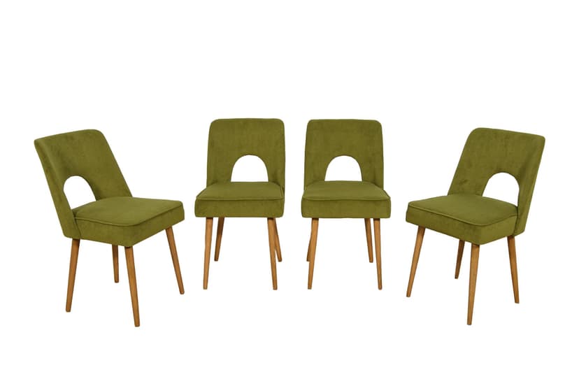 Komplet czterech krzeseł Muszelka, oliwkowa zieleń, drewno jasny, Polska, lata 60.