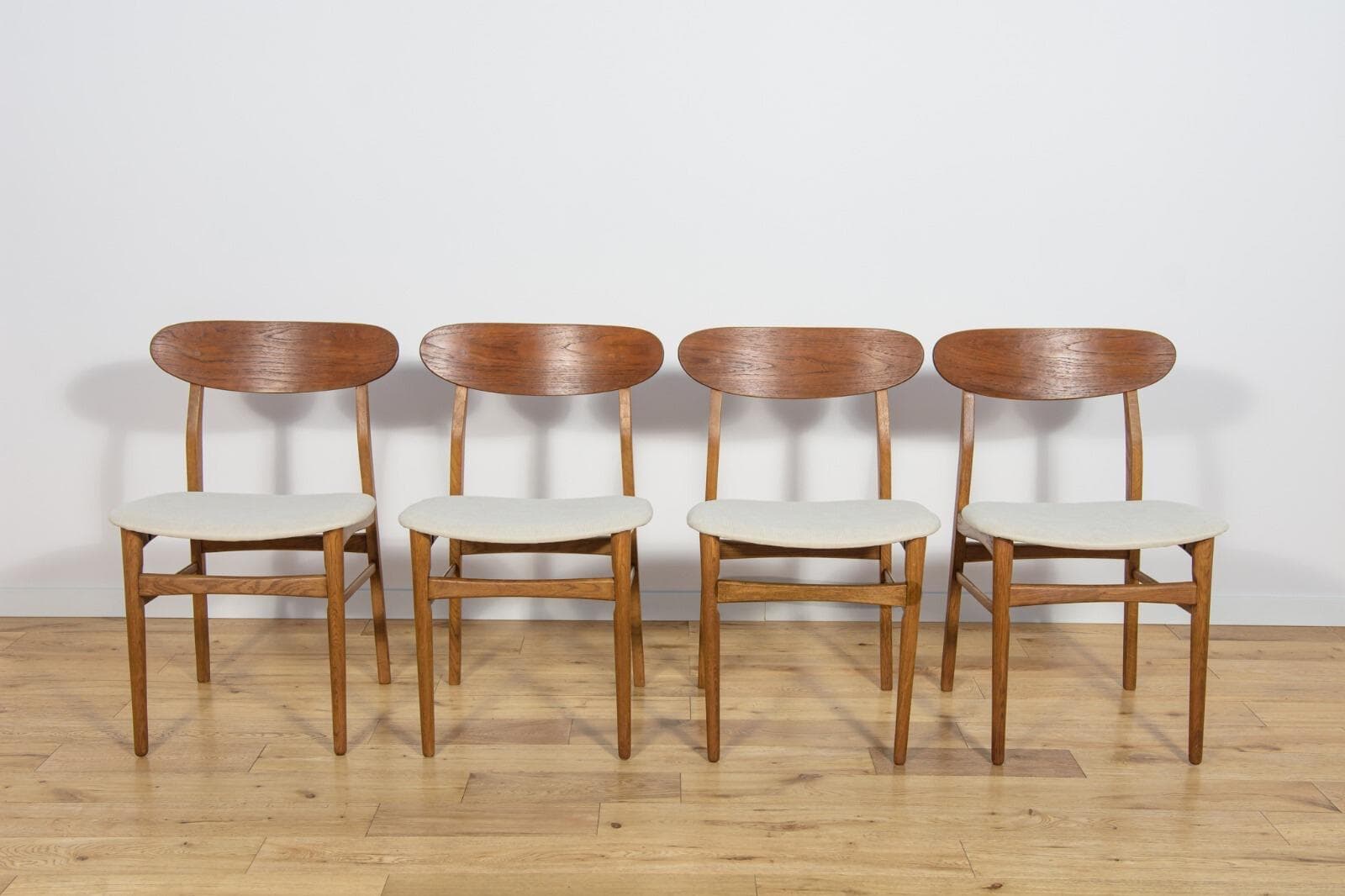 Set of four chairs, oak, cream, Denmark, 1960s. - 185648