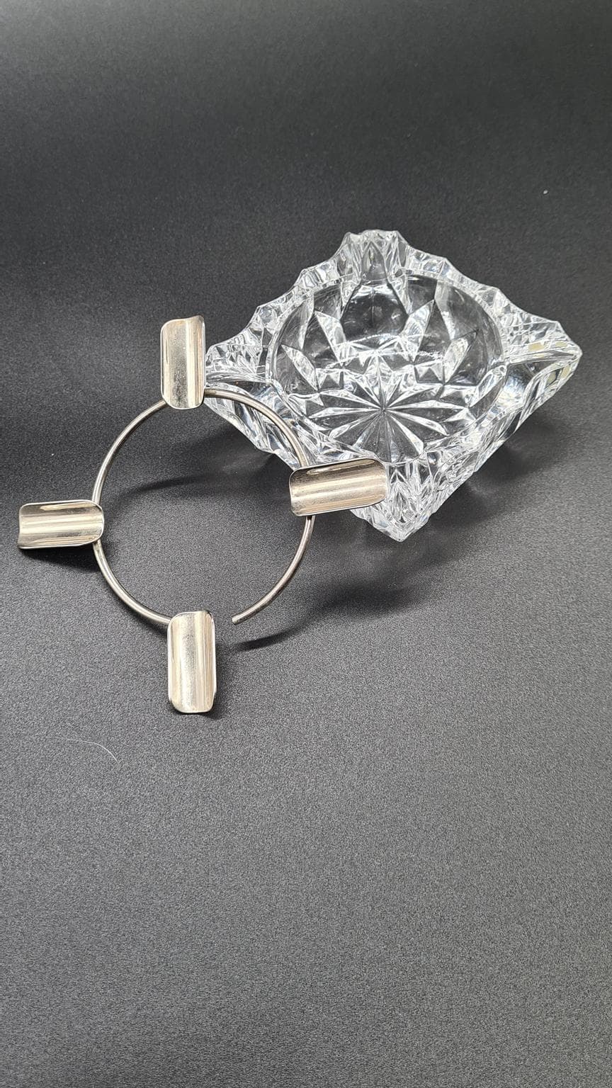 Popielniczka kryształowa z metalową obręczą | Vintage | PRL / lata 60–70 - 185727