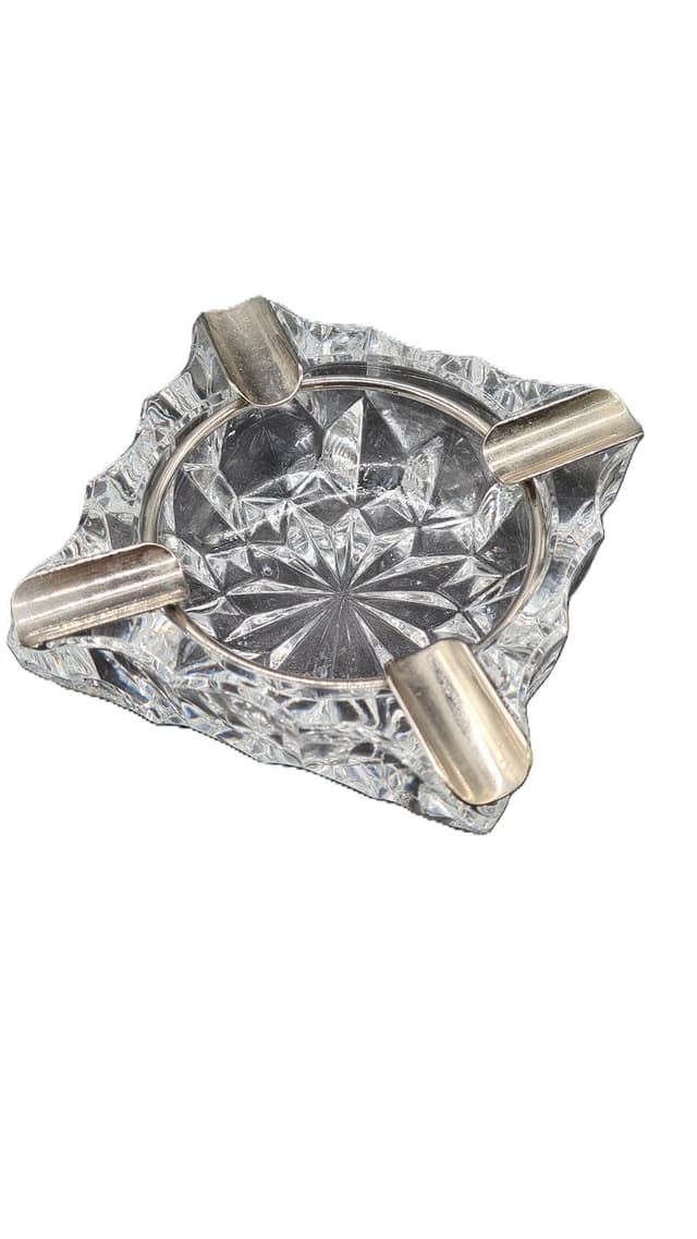 Popielniczka kryształowa z metalową obręczą | Vintage | PRL / lata 60–70 - WYMIARY