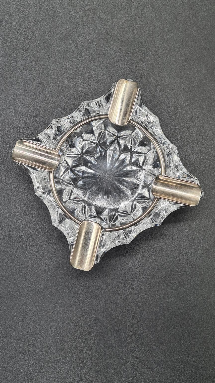 Popielniczka kryształowa z metalową obręczą | Vintage | PRL / lata 60–70 - 185728