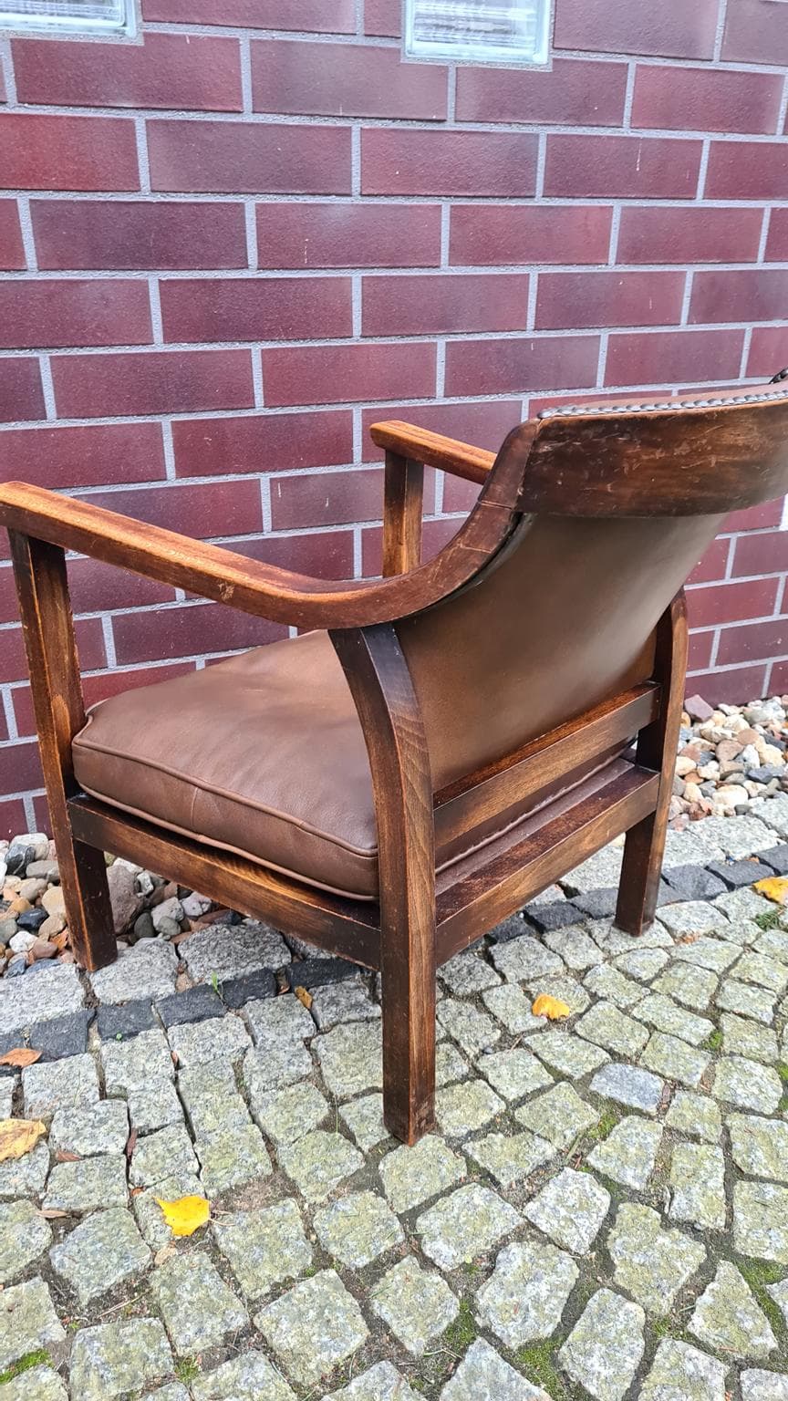 Fotel, brązowy, drewno, skóra naturalna, N.V. Meubileering v/h L. Stultiens & Zonen, Holandia, lata 50. - 185775