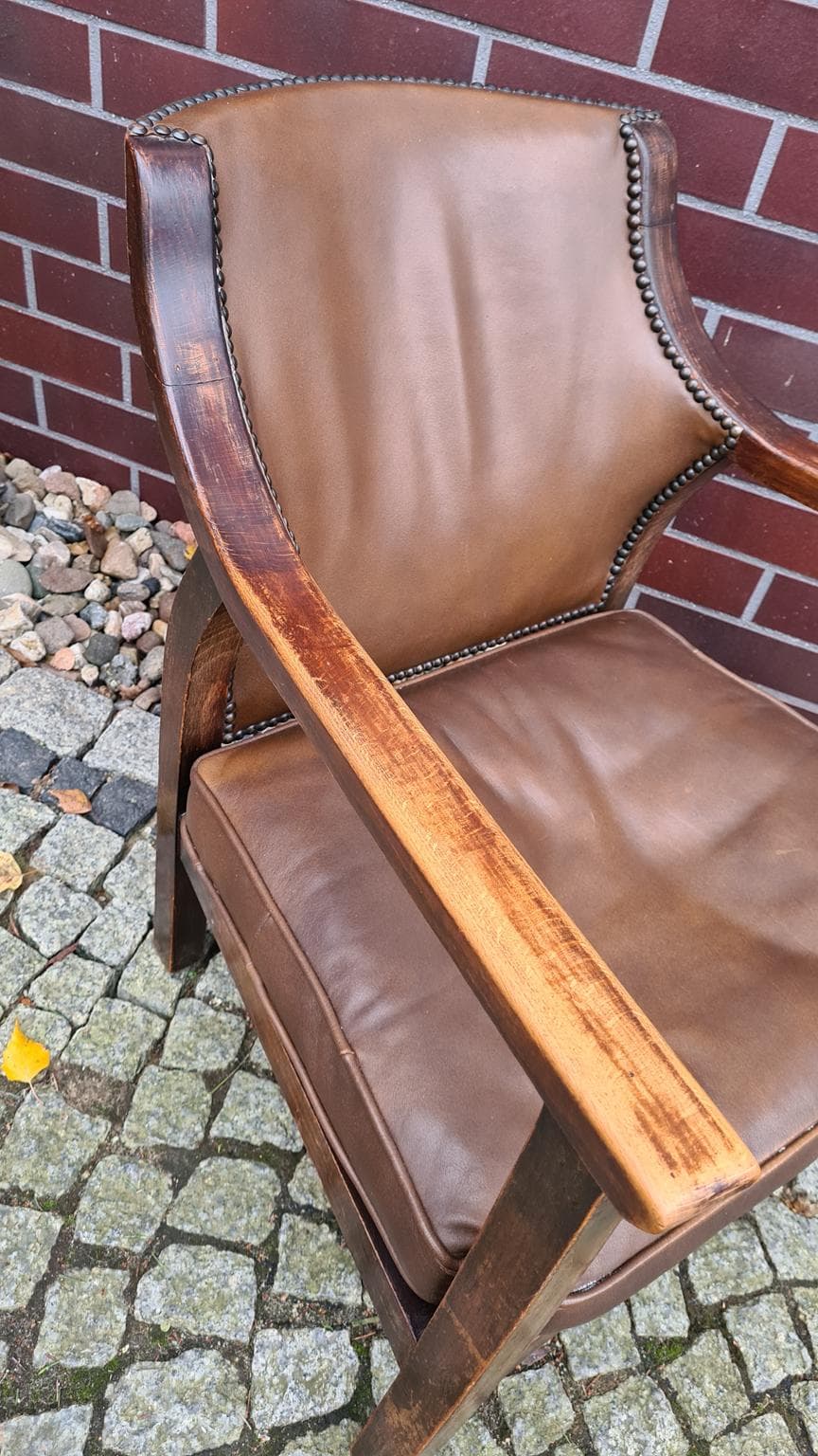 Fotel, brązowy, drewno, skóra naturalna, N.V. Meubileering v/h L. Stultiens & Zonen, Holandia, lata 50. - 185769