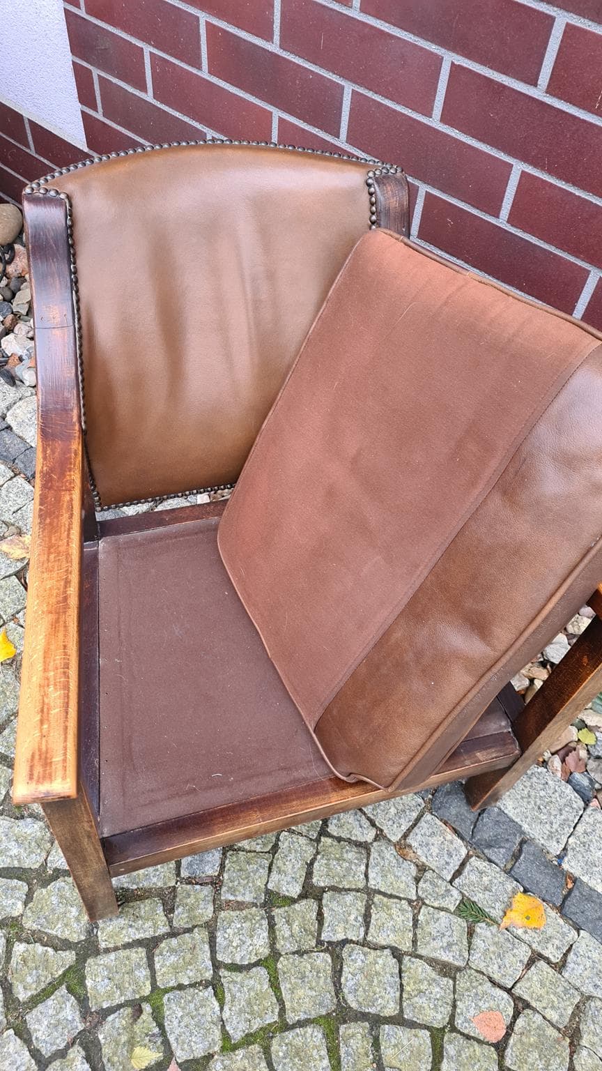 Fotel, brązowy, drewno, skóra naturalna, N.V. Meubileering v/h L. Stultiens & Zonen, Holandia, lata 50. - 185771