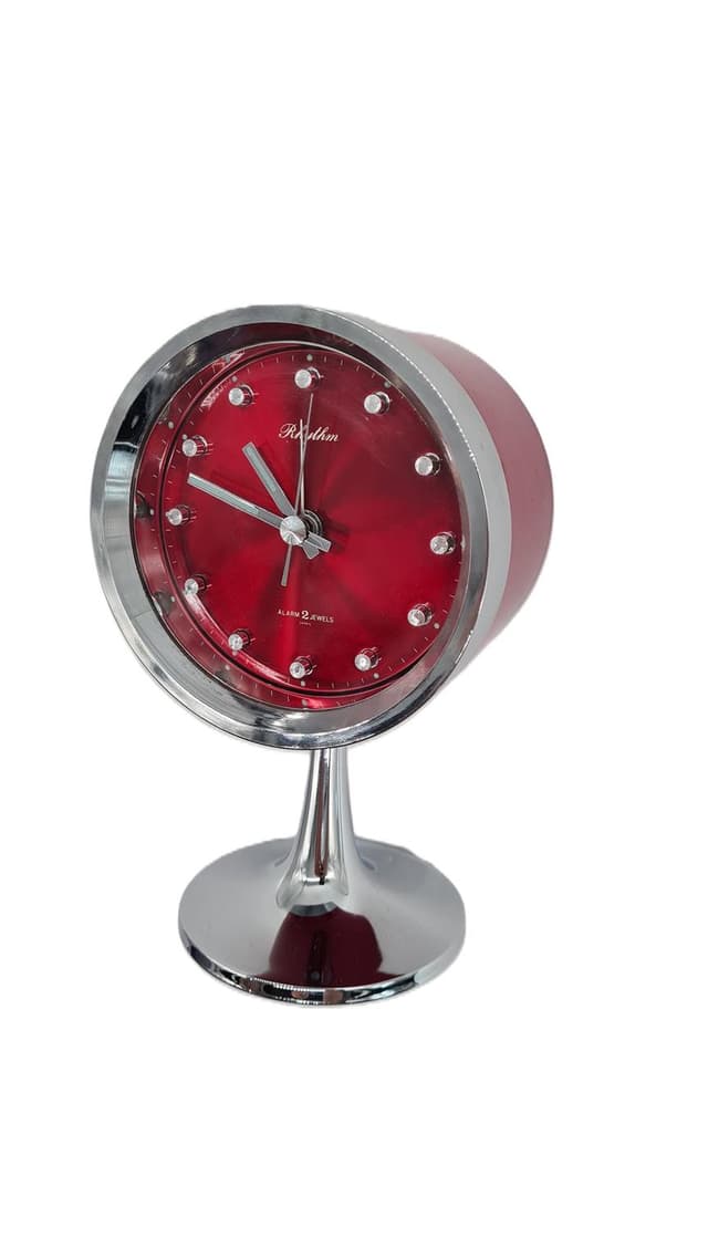 Table Clock Space Age, red, metal, Rhythm, Japan, 1960s. - DIMENSION