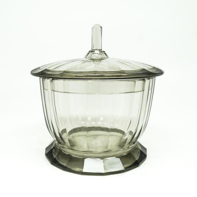 Art Deco bonbonniere, olive crystal, Bohemia, Czech Republic, 1930s. - DIMENSION