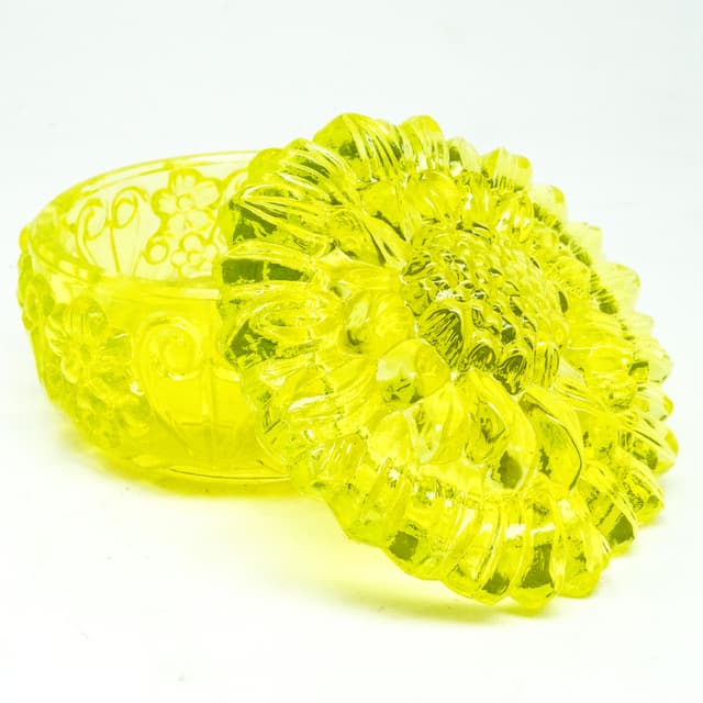 Bomboniera Art déco, szkło uranowe prasowane, Czechosłowacja, lata 50. - WYMIARY