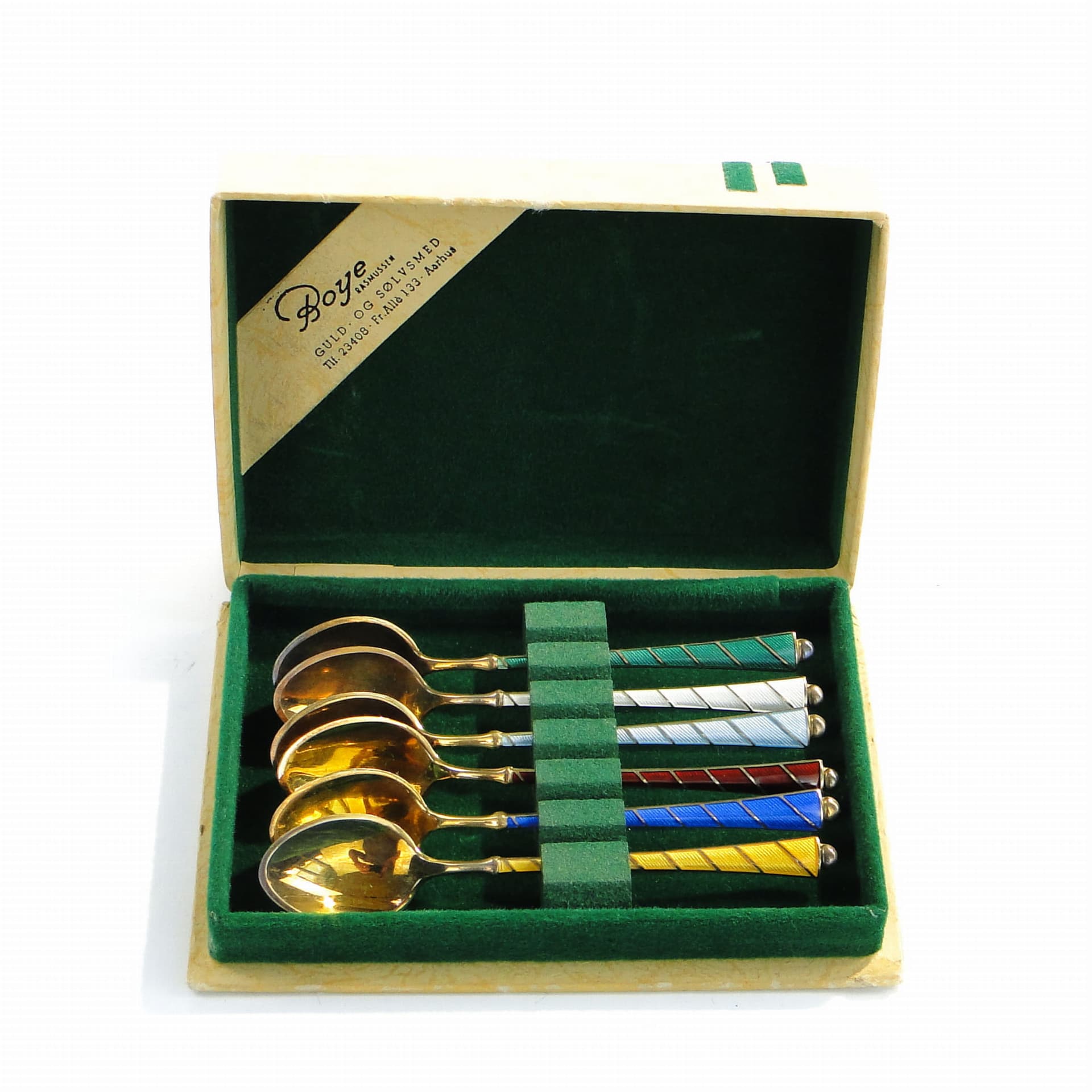 Set of demitasse spoons, multicolor enamel, silver, Denmark, 1950s
