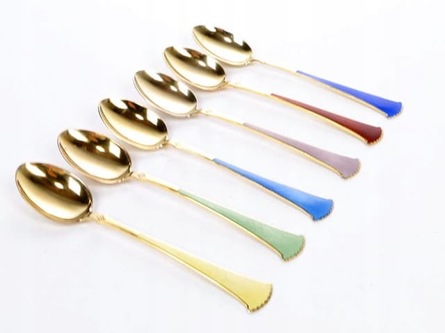 Set of moka spoons, multicolor enamel, gilt silver, Nonne, Sweden, 1950s - DIMENSION