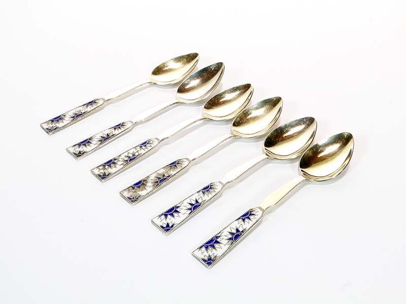Set of mocha spoons, gilded silver, cobalt blue white enamel, Russia, 1950s. - 186513