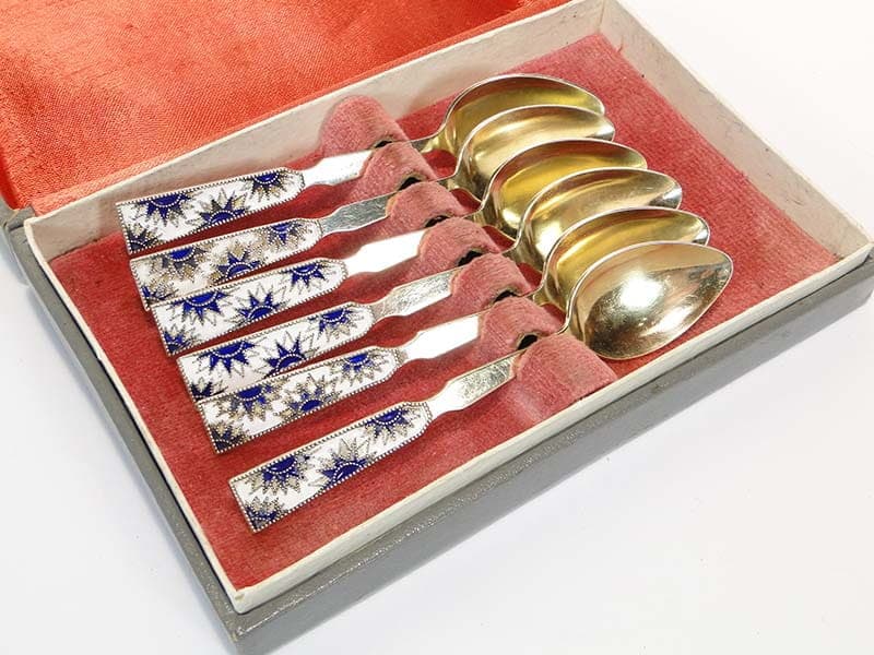 Set of mocha spoons, gilded silver, cobalt blue white enamel, Russia, 1950s. - 186510