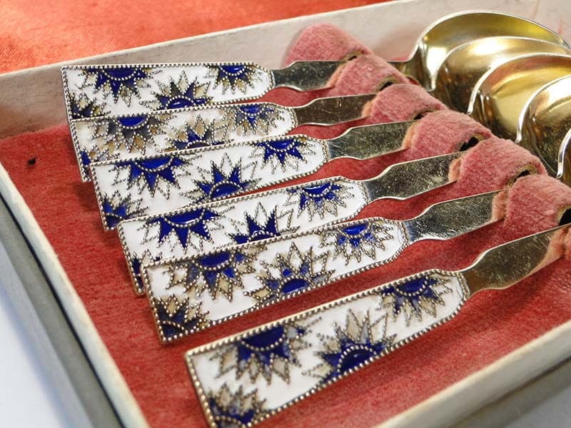 Set of mocha spoons, gilded silver, cobalt blue white enamel, Russia, 1950s. - 186511