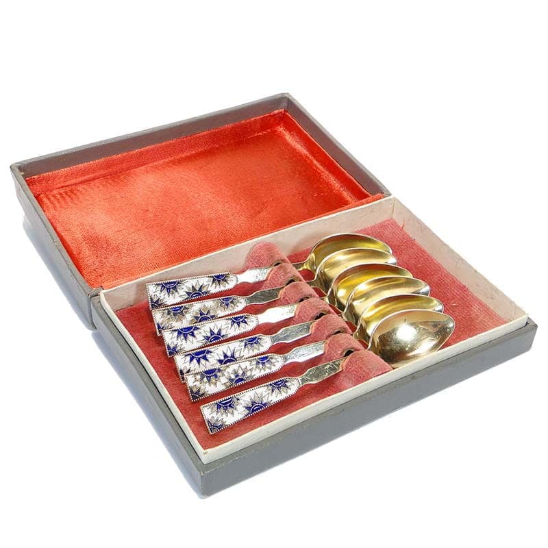 Set of mocha spoons, gilded silver, cobalt blue white enamel, Russia, 1950s.