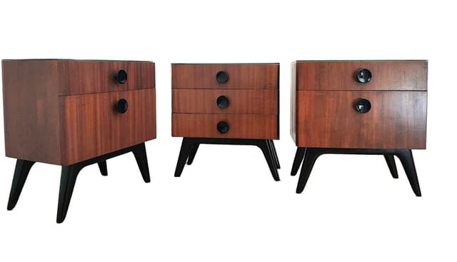 Szafki nocne, orzech brązowy, proj. J. Halabala, UP Závody, Czechosłowacja, lata 50. - WYMIARY