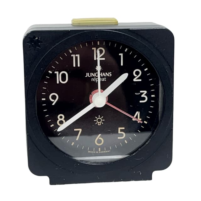 Budzik Repeat, czarny, plastik, Junghans, Niemcy, lata 70. - WYMIARY