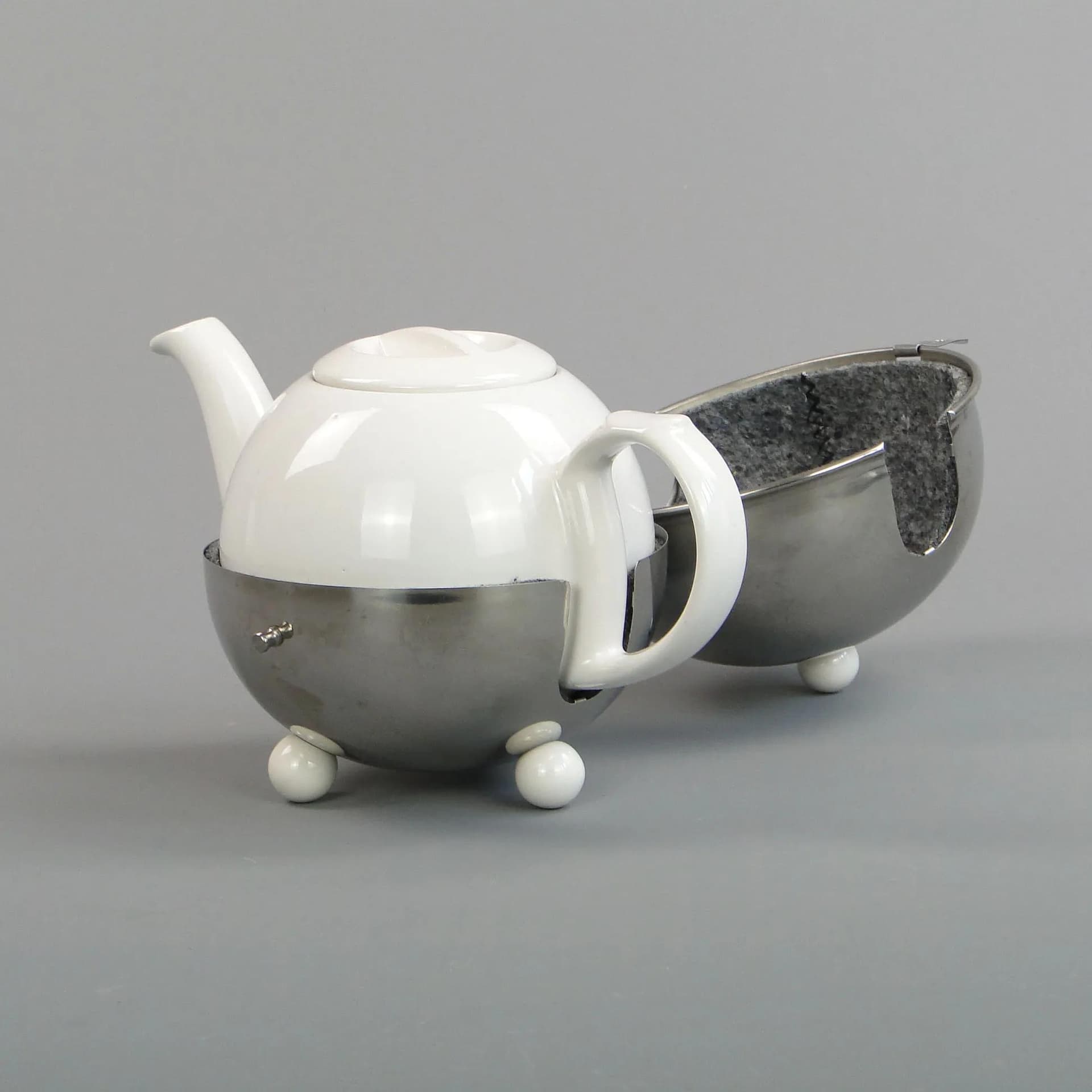 Dzbanek termos Bauhaus, porcelana kremowa, stal srebrny, Thermothe, Niemcy, lata 20. - 13000