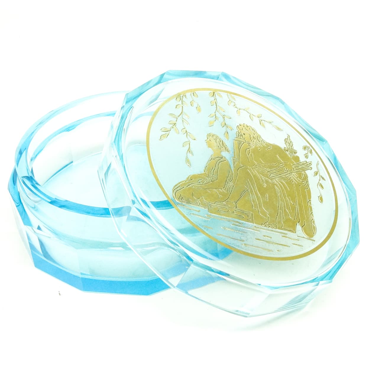 Art Deco bonbonniere, turquoise crystal, oroplastic, Moser, Czechoslovakia, 1930s. - 186872