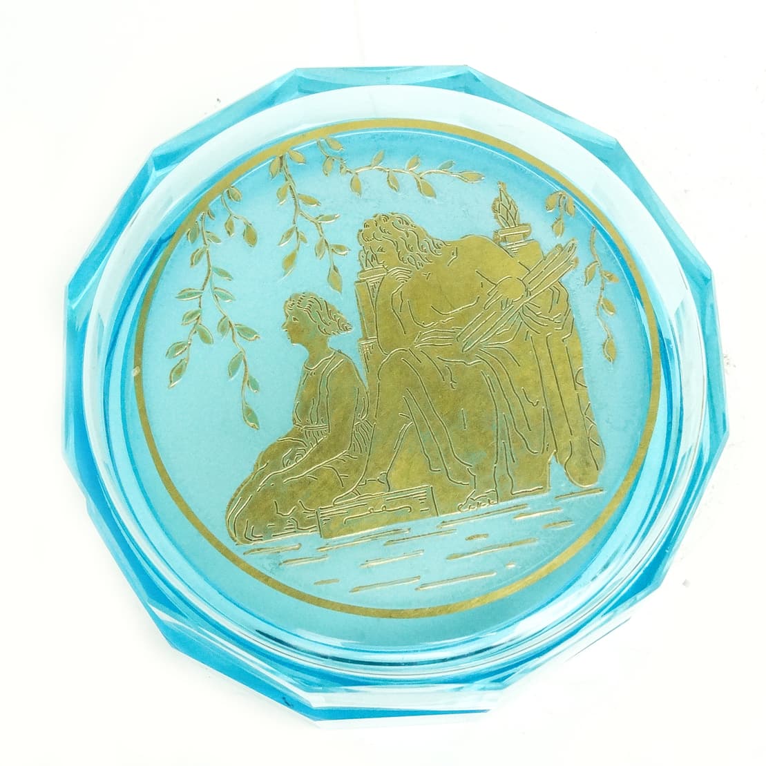 Art Deco bonbonniere, turquoise crystal, oroplastic, Moser, Czechoslovakia, 1930s. - 186876