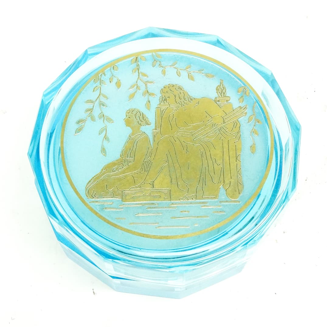 Art Deco bonbonniere, turquoise crystal, oroplastic, Moser, Czechoslovakia, 1930s. - 186871