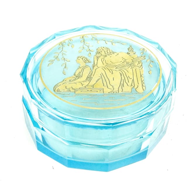 Art Deco bonbonniere, turquoise crystal, oroplastic, Moser, Czechoslovakia, 1930s. - DIMENSION