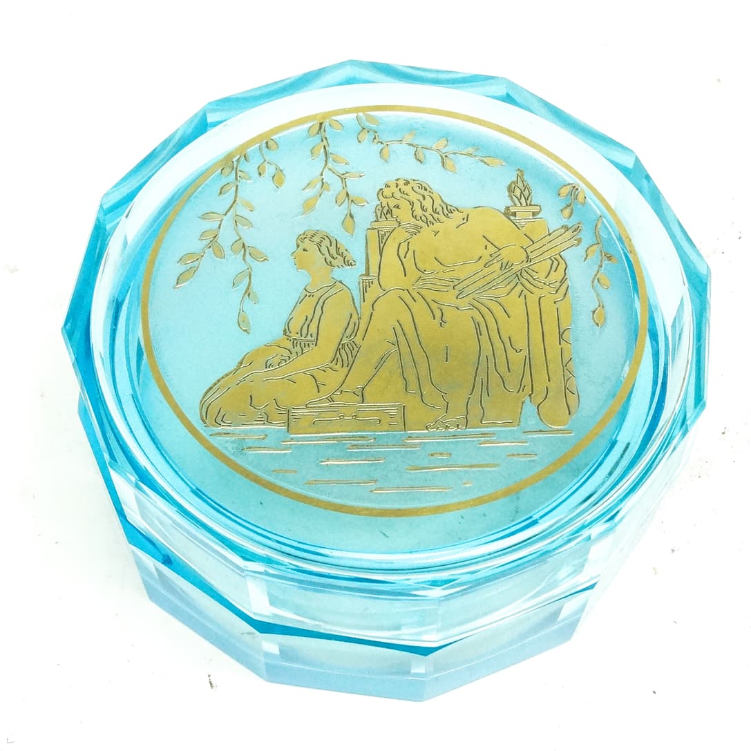 Art Deco bonbonniere, turquoise crystal, oroplastic, Moser, Czechoslovakia, 1930s. - 186877