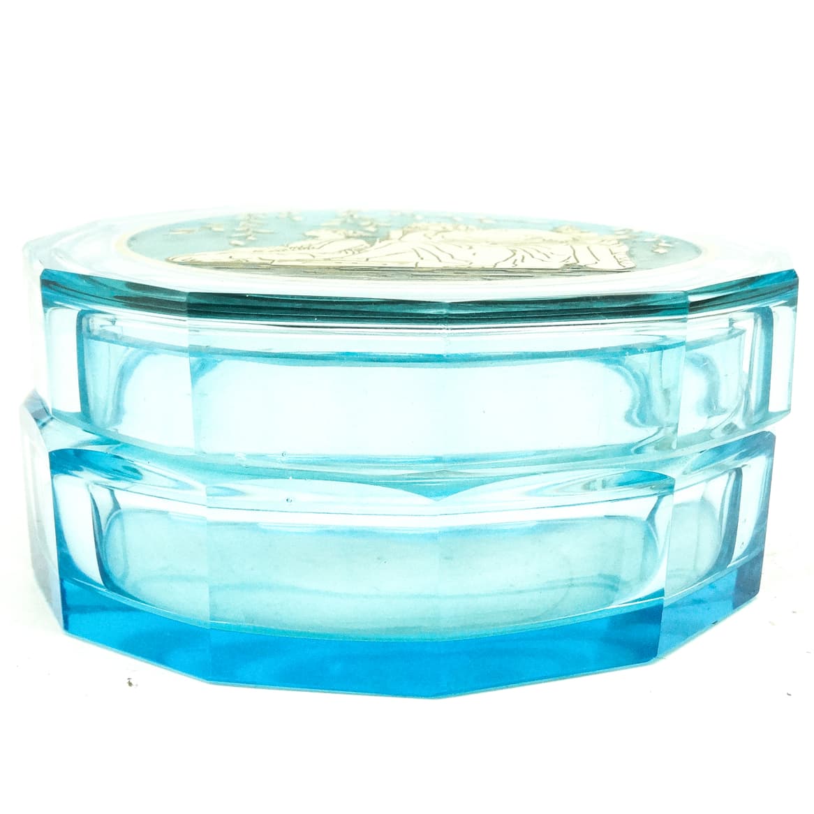 Art Deco bonbonniere, turquoise crystal, oroplastic, Moser, Czechoslovakia, 1930s. - 186870