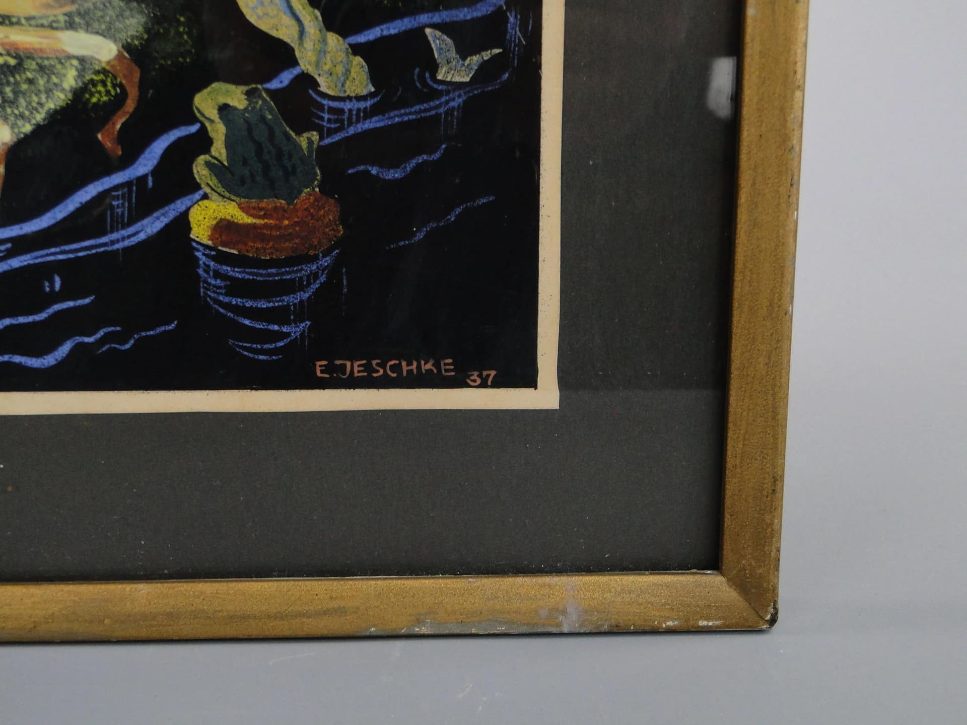 Obraz Biesiada w lesie, tempera, papier, aut. E. Jeschke, Czechosłowacja, lata 30. - 12976