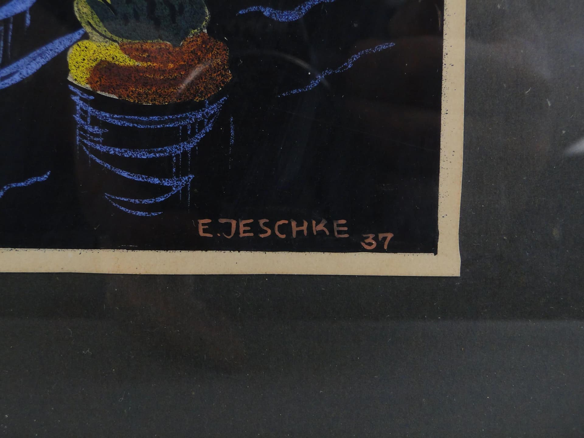 Obraz Biesiada w lesie, tempera, papier, aut. E. Jeschke, Czechosłowacja, lata 30. - 12977