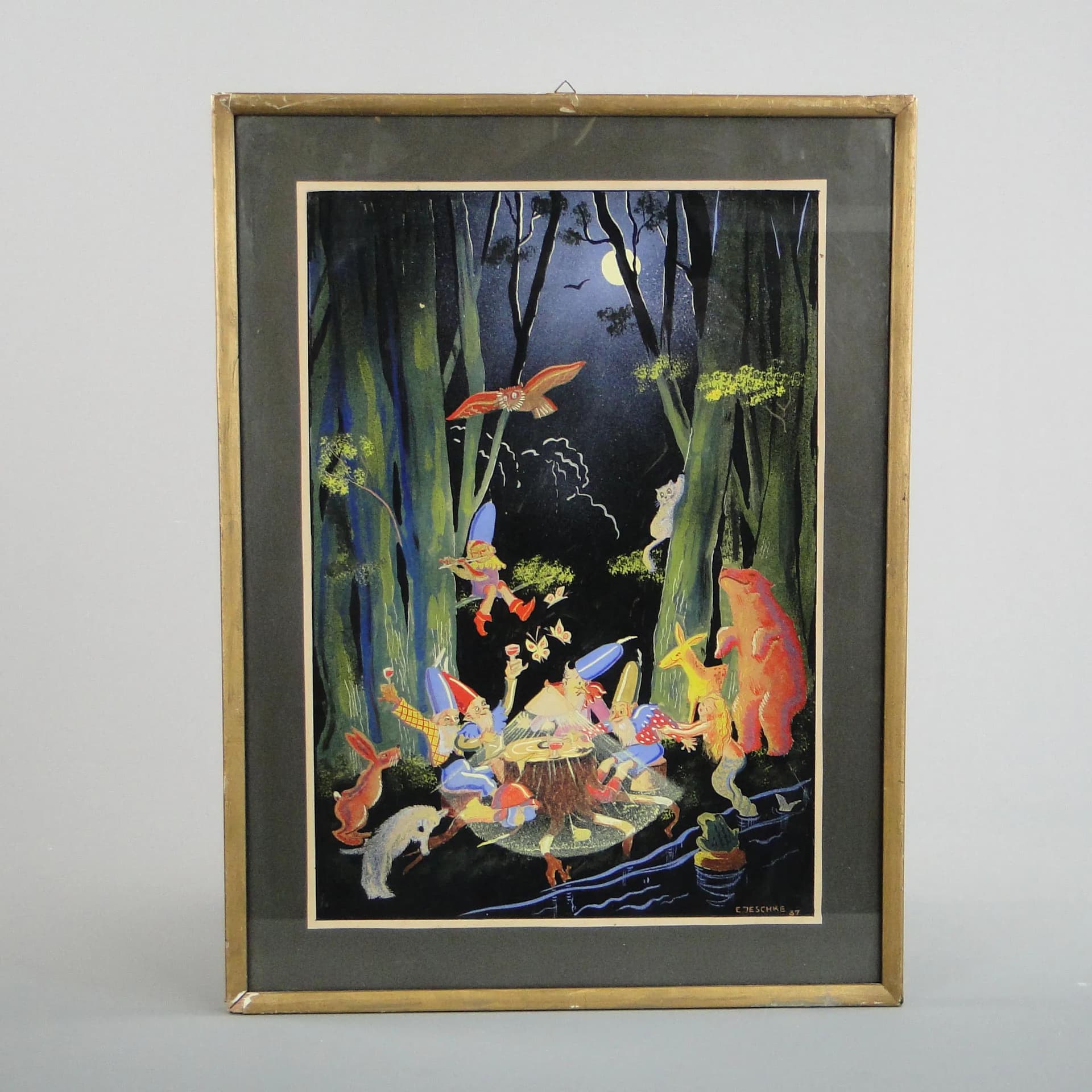 Obraz Biesiada w lesie, tempera, papier, aut. E. Jeschke, Czechosłowacja, lata 30. - 12973