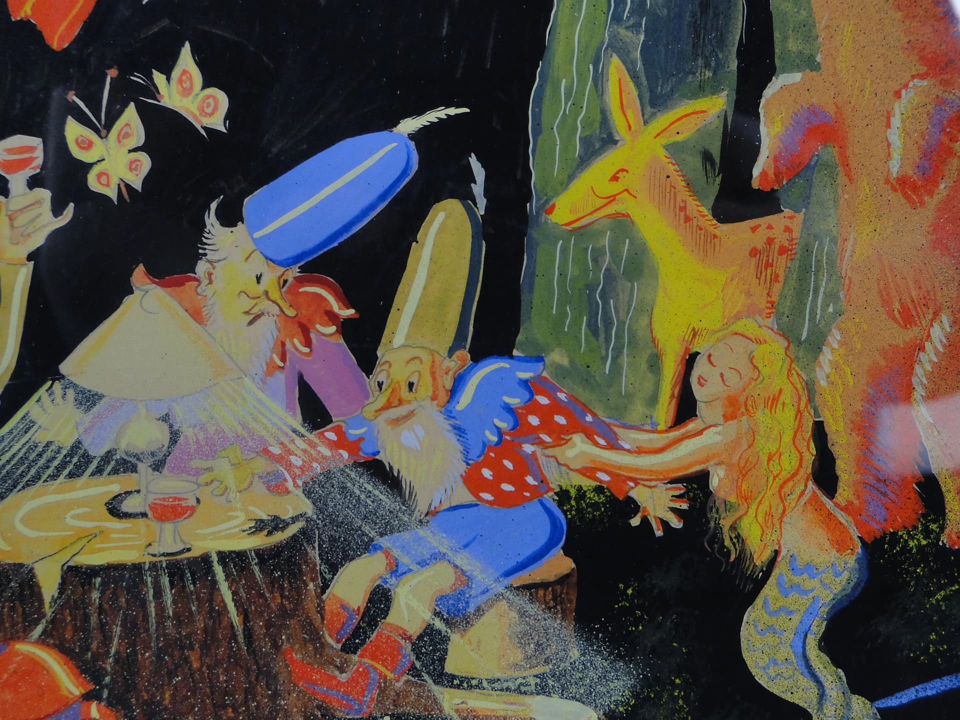 Obraz Biesiada w lesie, tempera, papier, aut. E. Jeschke, Czechosłowacja, lata 30. - 12978