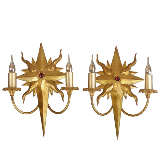 Para kinkietów Hollywood Regency, metal złoty, Włochy, lata 70. - WYMIARY