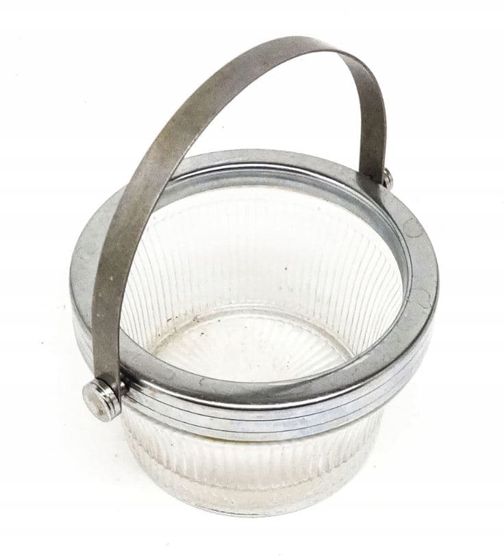 Cukiernica Art Deco, mosiądz srebrzony, szkło prasowane, Polska, lata 50. - 187535