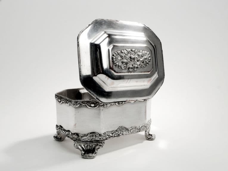 Cukiernica Biedermeier, miedź srebrzona, Norblin, Polska, lata 20. - 187560