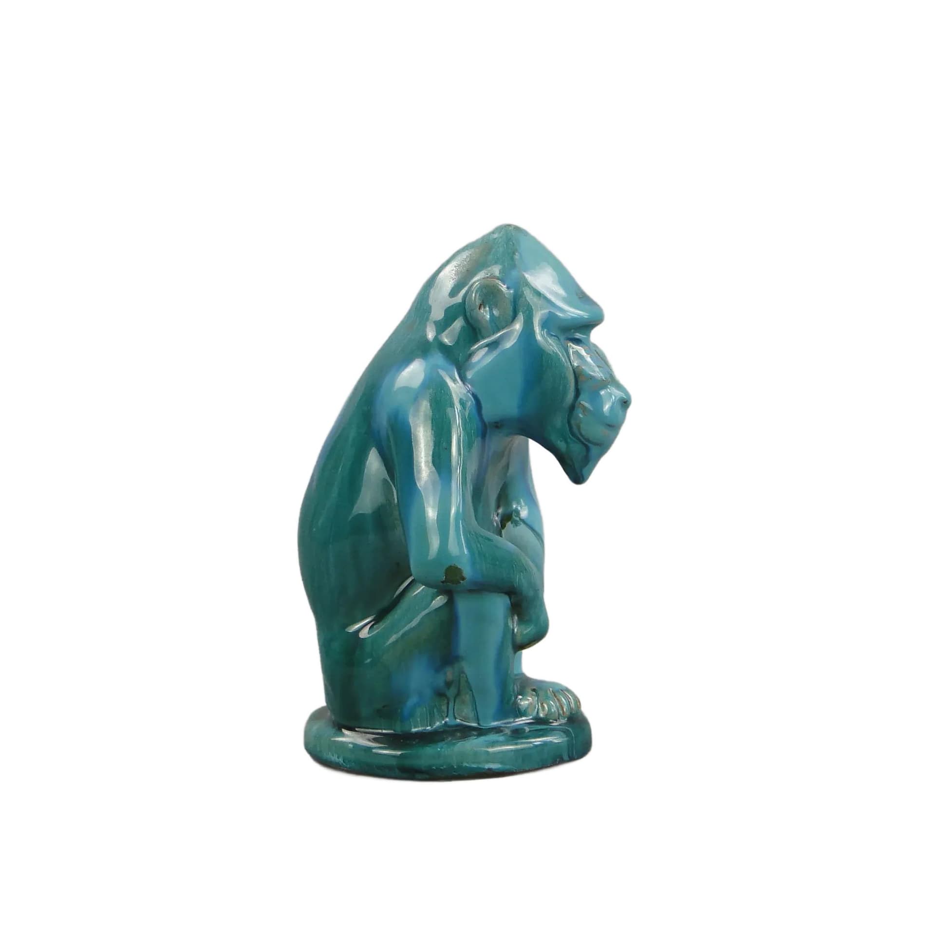 Figura pawiana Art deco, turkus, ceramika, proj. D. Urbach, Czechy, lata 30.