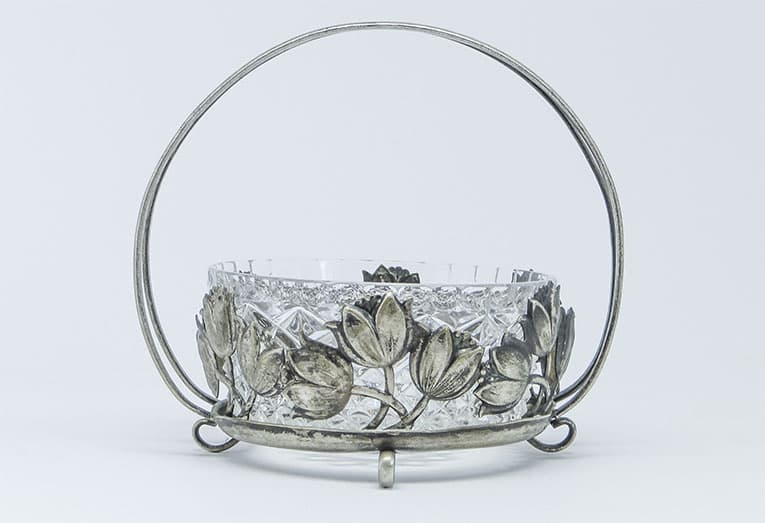 Cukiernica postmodernizm, mosiądz srebrzony, szkło, Polska, lata 70. - 187951