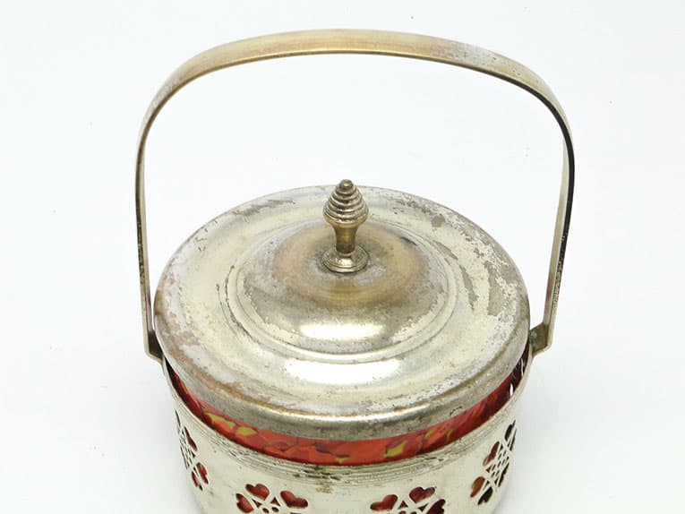 Cukiernica secesja, mosiądz srebrzony, szkło pomarańczowe, Niemcy, początek XX w. - 188058