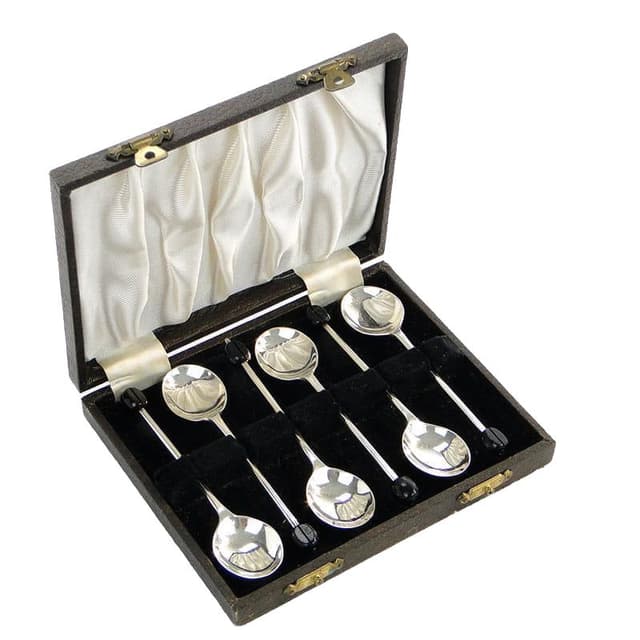 Coffee spoon set Art Deco, black Bakelite, silver-plated brass, United Kingdom, 1930s. - DIMENSION