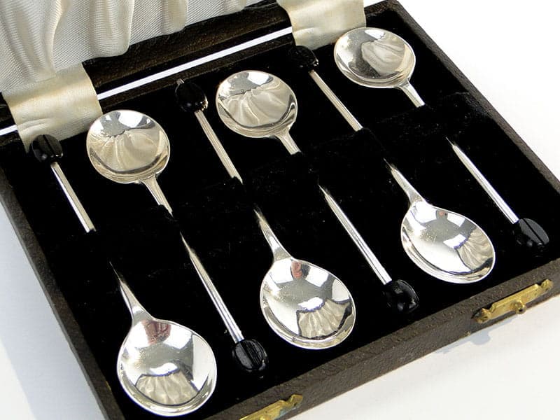 Coffee spoon set Art Deco, black Bakelite, silver-plated brass, United Kingdom, 1930s. - 188122