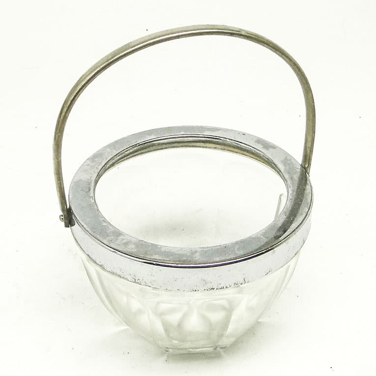 Cukiernica Art déco, szkło prasowane, mosiądz chromowany, Huta Hortensja, Polska, lata 50. - 188478